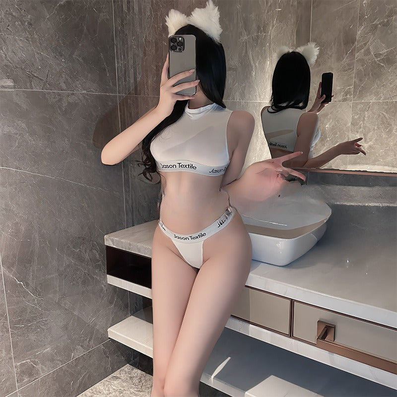 Image of Japanese Lingerie Sexy Crop Top Bikini Cheeky Anime Cosplay Underwear Set Yes Daddy Mini T-Shirt and String Panty